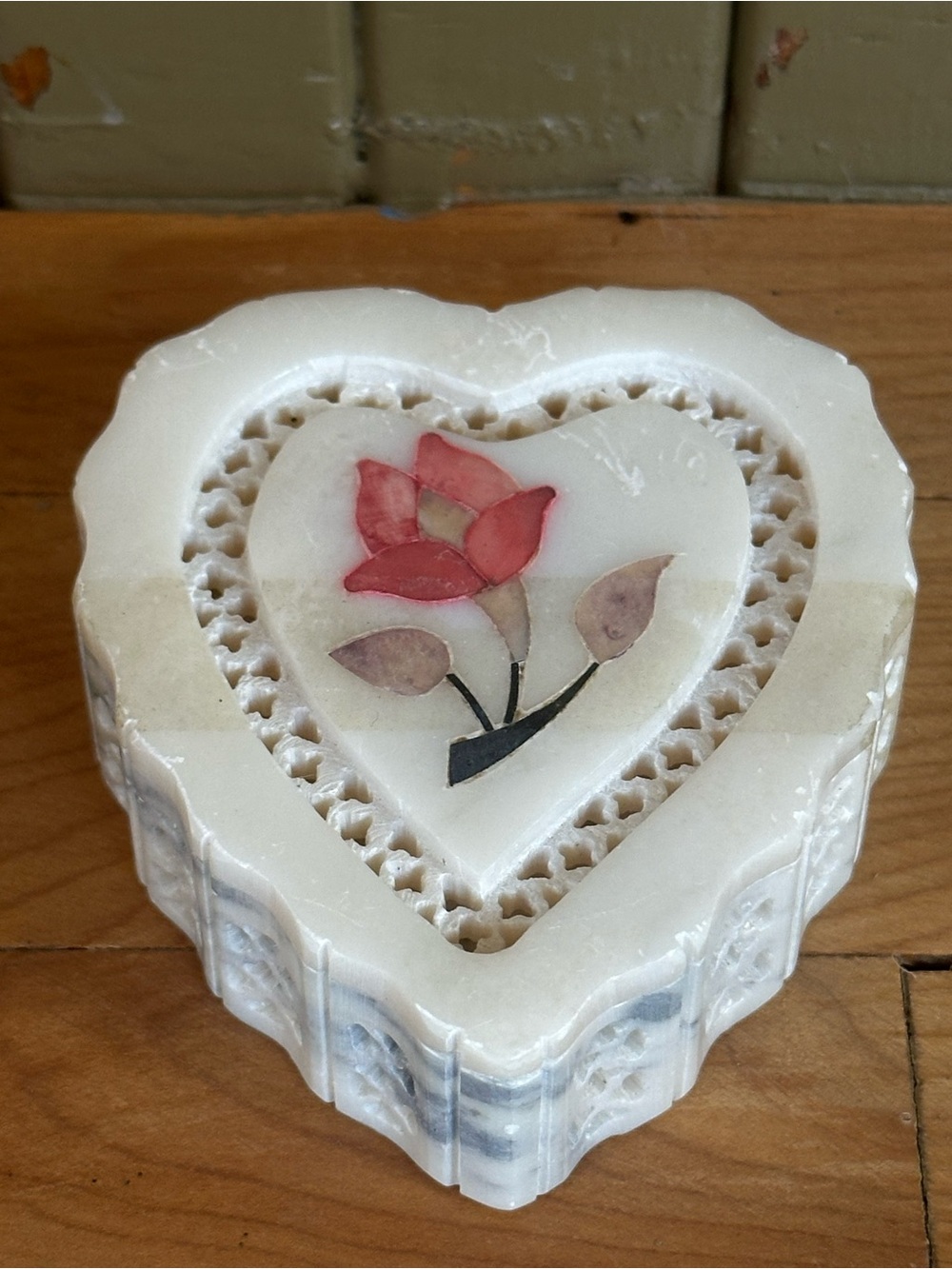 Handcrafted White Heart-Shaped Floral Stone Trinket Box
